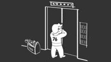 a black and white drawing of a man standing in front of a toolbox that says tools
