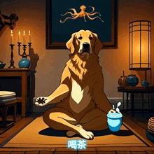 a cartoon of a dog sitting in a lotus position holding a cup of tea