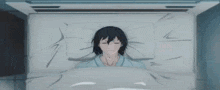 a person is laying in a hospital bed with their eyes closed and a blanket .