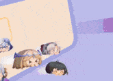 a group of cartoon characters are floating in the air with their eyes closed