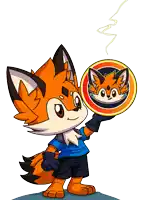 a cartoon of a fox holding a coin with a lightning bolt behind it