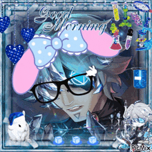 a picture of a man wearing glasses and bunny ears says good morning