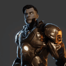 a statue of a man in a futuristic armor with a light on his chest