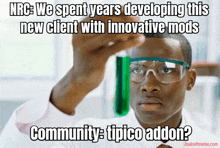 a man wearing glasses holds a test tube with a green liquid in it and says nrc we spent years developing this new client