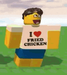 a lego man wearing a shirt that says i love fried chicken