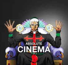 a cartoon of a man sitting in a chair with the words absolute cinema on the bottom