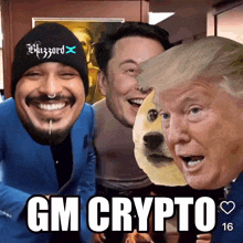 a picture of donald trump and elon musk with gm crypto on the bottom