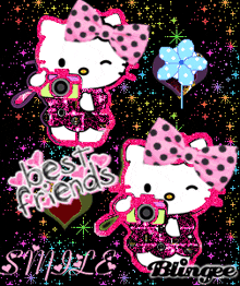 a hello kitty holding a camera with the words best friends written above her