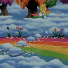 a painting of a rainbow with trees and flowers in the background