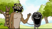 a cartoon of a cat with a troll face on its head standing next to a troll face .