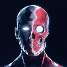 a drawing of a skull with glowing eyes on a dark background