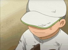 a cartoon character wearing a white hat with a green stripe