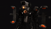 a man in a black suit is standing next to a machine that says ' a ' on it