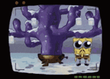 spongebob is standing in front of a purple tree