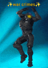 a video game character is dancing in front of a blue background with the words war crimes above him