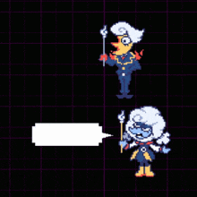 a pixel art of a duck holding a sword and a speech bubble that says goodbye .