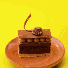 a piece of chocolate cake on a brown plate
