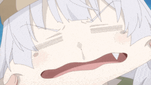 a close up of a cartoon character with white hair