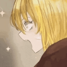a close up of a blonde anime girl with her eyes closed and a red shirt on .