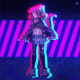 a girl in a plaid skirt is standing in front of a purple and blue striped background