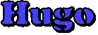 the name hugo is written in blue letters on a white background