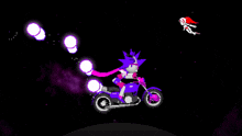 a cartoon character is riding a purple motorcycle