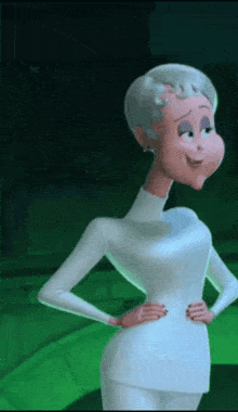 a cartoon woman with gray hair is standing with her hands on her hips .
