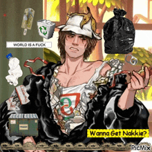 a man with a banana on his hat is surrounded by garbage and a trash can