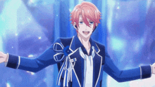 a boy with red hair is wearing a blue suit and a bow