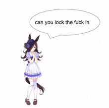 a girl with a horse on her head is standing next to a speech bubble that says can you lock the fuck in