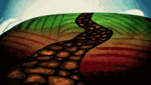 a painting of a rocky road going through a field