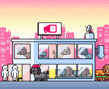 a pixel art illustration of a restaurant with dogs and a hamburger on the side