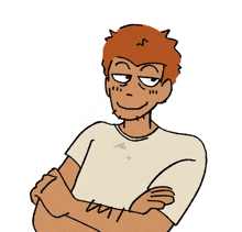 a cartoon of a man with his arms crossed and a tattoo on his arm .