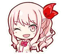 a little girl with pink hair and a red bow in her hair is smiling .