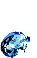 a cartoon character with blue hair is holding a blue flower in her hand .
