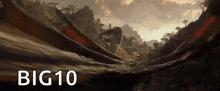a picture of a gorilla running through a river with the words big 10 below it .