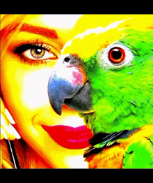 a painting of a woman with a green parrot on her face