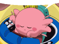 a pink cartoon character is sitting in a blue chair