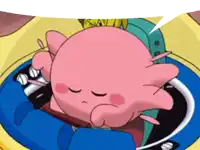 a pink cartoon character is sitting in a blue chair