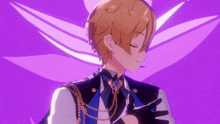 a cartoon character with a purple background has his eyes closed and his hand on his chest
