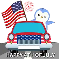 a happy 4th of july greeting card with a car and penguin