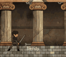 a cartoon of a man holding a sword with the word bendy written below him