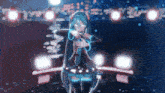 hatsune miku is dancing on a stage in front of a crowd