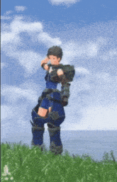 a video game character is standing in the grass near the ocean .