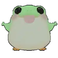 a green and white frog with big eyes and a pink cheek