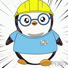 a penguin wearing glasses and a hard hat has the word penguin on the bottom right