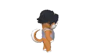 a cartoon character with black hair and a white tail is standing on a white background