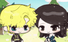 a boy and a girl are standing next to each other in a field and smiling .