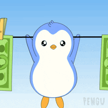 a penguin is hanging money on a clothes line with the word pengu on the bottom
