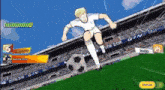 a soccer player is kicking a soccer ball in a stadium